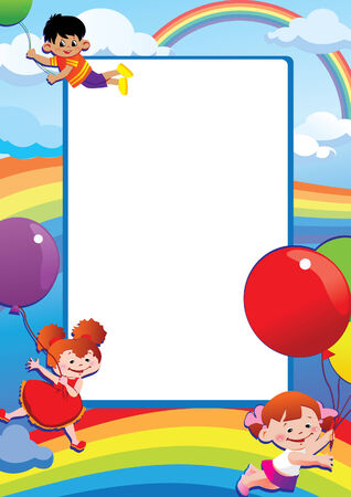 Children flying on balloons. Place for your text. Happy childhood.  art-illustration.のイラスト素材