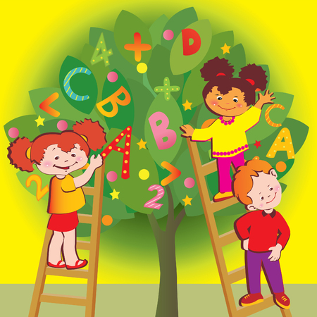 School childhood. Children with letters and numbers. art-illustration.のイラスト素材