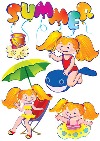 In holiday at the sea. A happy girls on the beach.  Vector art-illustration on a white background.のイラスト素材