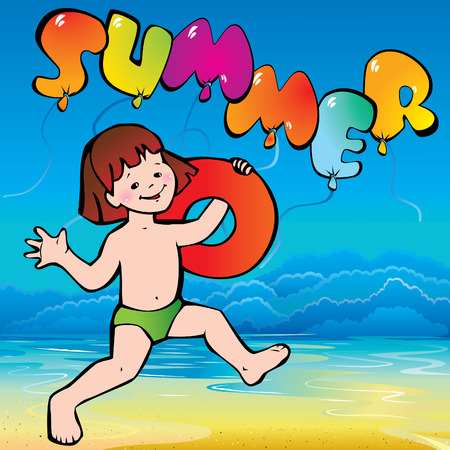 In holiday at the sea. A happy girl on the beach.のイラスト素材