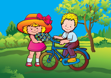 Girl with flowers and a boy on a bicycle walk in the park.のイラスト素材