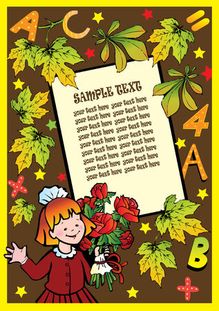 School childhood. Small girl with flowers in the school. Place for your text. illustration.のイラスト素材