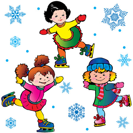 Ice-skating. Happy childhood. Vector art-illustration on a white background.のイラスト素材