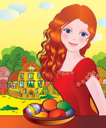 Beautiful girl with Easter eggs. Happy Easter. Vector art-illustration.のイラスト素材