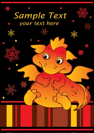 New Years card with baby dragon. Vector art-illustration on a black background. Place for your text.のイラスト素材