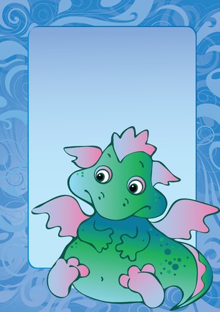 New Years card with baby dragon. Vector art-illustration on a blue background. Place for your text.のイラスト素材
