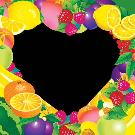 Fruits frame in the shape of heart  Place for your text  Healthy foodのイラスト素材