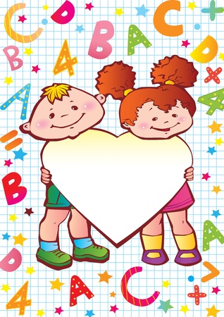 School childhood  Children with heart, letters and numbers  Place for your text art-illustration のイラスト素材