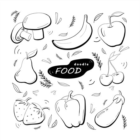 Set of hand drawn doodle fruits and vegetables. Vector illustration. Food doodle with different line thickness.のイラスト素材
