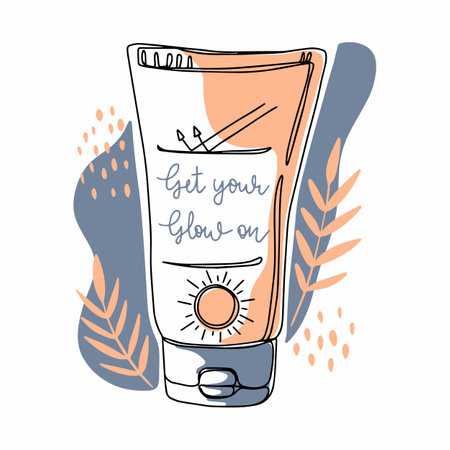 Minimalistic style illustration of a cosmetic packaging, sunscreen in a tube. Leaves, abstract stains, dots. Summer, sun and spf on a sun cream tubeのイラスト素材