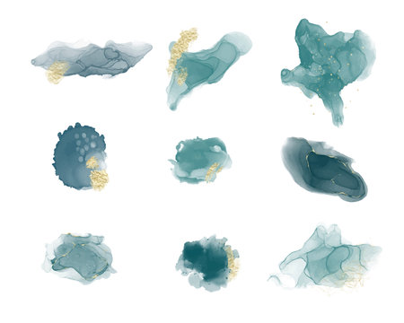 Turquoise mint with liquid marble, with golden lines and brush marks. Teal turquoise marble alcohol paint painting effect. Vector illustration background, watercolor wedding invitation.のイラスト素材