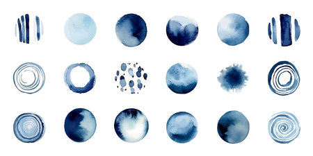 Set of abstract watercolor circles and splashes. Vector illustration. Blue and white colors.のイラスト素材