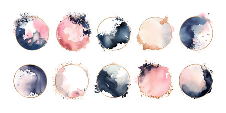 Watercolor frames, circular shapes, minimalistic brushstrokes, blush, navy, rose gold, pale pink alcohol ink abstract background with ink cracks, ink splashesのイラスト素材