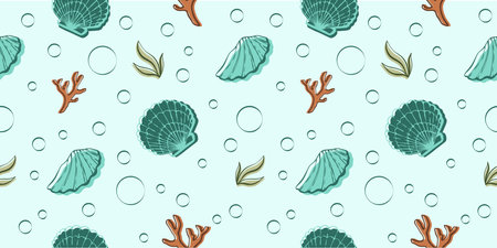 Seamless pattern with shells. Vector illustration. Sea clums seamless pattern. Tropical underwater world.のイラスト素材