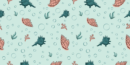 Seamless pattern with shells. Vector illustration. Sea clums seamless pattern. Tropical underwater...
