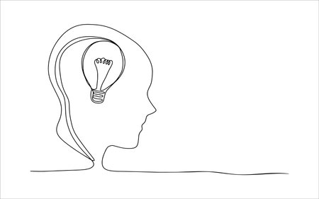 One single line drawing of human head with lightbulb inside for company identity. Innovation creativity process icon concept.のイラスト素材