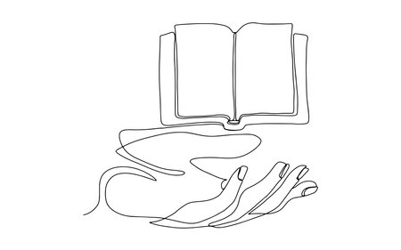 Continuous one continuous line drawing of hand holding book. Smart idea from reading concept, holding book single line art drawing vector illustration. Education, learning, readingのイラスト素材