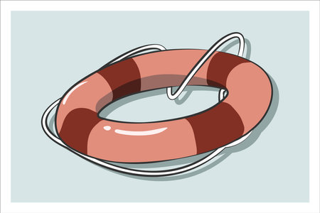 Vector illustration of a life buoy on mint colored background, life belt icon with outline and a shadow on background.のイラスト素材