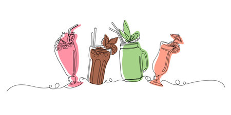 Cocktails set with one continuous line art style. Vector linear abstract illustration. Party, pub, restaurant, club element for prints, textile, posters, cards. Fresh and cold alcのイラスト素材