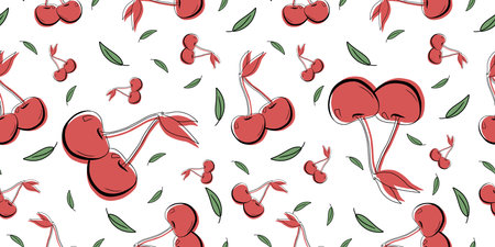 Seamless bright white, red, green pattern with fresh delicious cherries, cherry for fabric, drawing labels, print on t-shirt, wallpaper of children's room, fruit background.のイラスト素材