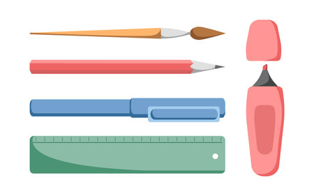 Supplies set with pen, pencil, brush, ruler and marker. Isolated illustrations for office, university or school writing concepts. Educational item for school start, cards, banners,のイラスト素材