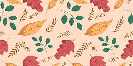 Seamless pattern with autumn fall leaves in beige, red, brown, green and yellow. Perfect for wallpaper, wrapping paper, web sites, background, social media, blog and greeting cardsのイラスト素材