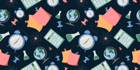 Seamless pattern of college or school stationery on white background. Globe, pins, calculator, notes, test tube. Perfect for office or school themes, wrapping paper, poster and banのイラスト素材