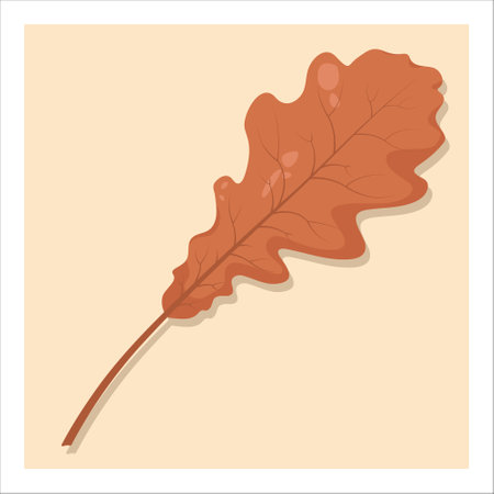 Autumn leaf isolated on yellow background. Colorful orange, brown oak leaf. Case design element. Objects for design, cards, banners, flyers, social media, web, decorationのイラスト素材