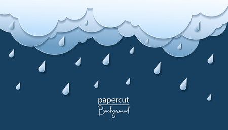 Beautiful rain clouds on dark blue sky background. Paper cut style. Place for text 3d papercut background with top and bottom cloudy sky. Rainy weather layered banner. Vector cardsのイラスト素材