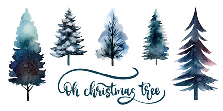 Abstract watercolor set of simply abstract forest trees and lettering. Vector illustration with winter colors. Use for banners, backdrops, cards, invitations, web, social media, adviceのイラスト素材