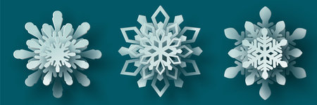 Vector set white Christmas paper cut 3d snowflake with shadow on teal colored background. Winter design elements for presentation, banner, cover, web, flyer, card, sale, poster.のイラスト素材