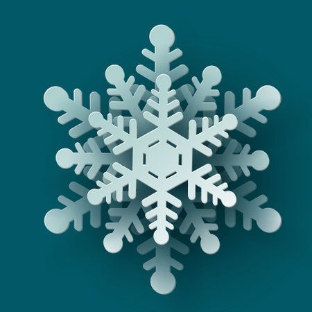 Vector white Christmas paper cut 3d snowflake with shadow on teal colored background. Winter design elements for presentation, banner, cover, web, flyer, card, sale, poster, slide.のイラスト素材