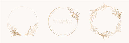 Botanical golden circle frame set. Hand drawn round line border, leaves and flowers for wedding invitation and cardsのイラスト素材