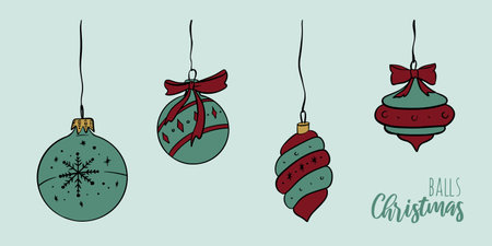 Set of hand drawn xmas balls vector winter pendant element. Christmas tree decorations illustration for presentation, banner, cover, web, flyer, card, sale, poster, slide and socialのイラスト素材