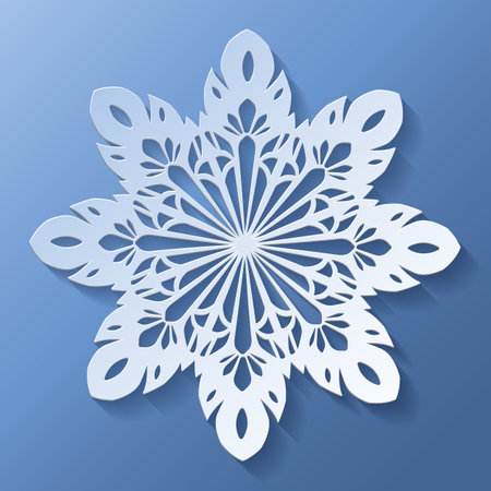 Vector white Christmas paper cut 3d snowflake with shadow. Winter design elements for presentation, banner, cover, web, flyer, card, sale, poster, slide and social media.のイラスト素材