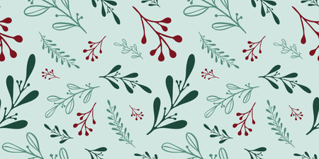 Seamless pattern with hand drawn Christmas leaves and branches. Perfect for xmas or new year wallpaper, wrapping paper, social media, blog, presentation and greeting cards.のイラスト素材
