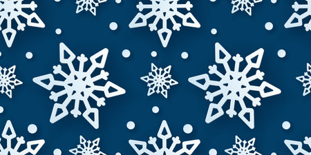 Winter seamless pattern with paper cut snowflakes. Christmas design 3D on blue background for presentation, banner, cover, web, flyer, card, sale, poster and social media.のイラスト素材