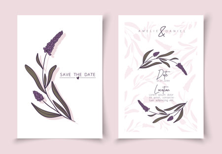 Set of cards minimal hand drawn lavender branches in line art style. Botanical leaves frame template. Editable vector design card for advertising, cover, wedding invitation, poster or save the date.のイラスト素材