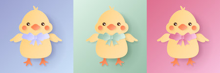 Set of pastel colored 3D chicken shape design. Collection of elements for easter product, spring festival design, happy easter card, presentation, luxury banner, cover and web.のイラスト素材