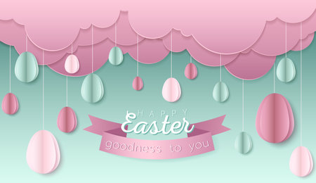 Happy Easter day wallpaper or banner with papercut egg. Beautiful paper cut eastern elements. Vector illustration for sale, product display, easter festival design, presentation, greeting card.のイラスト素材