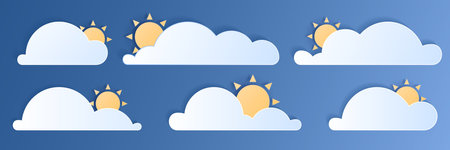 Paper cut weather element of clouds and sun on blue sky background. Forecast white cloud icon symbol...