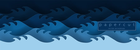 Paper cut deep blue water wave on dark blue background. Cutout minimalistic luxury layered ocean...