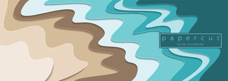 Paper cut turquoise water waves and sand beach background. Cutout minimalistic luxury layered waves . 3D frame icon for posters and flyers, presentation, web, social media, design and banner.のイラスト素材
