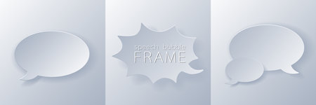 Papercut Gray White Speech Bubbles. 3D Papercraft cut talk frame icon for posters and flyers, presentation, web, social media, design, banners, stickers and stories.のイラスト素材