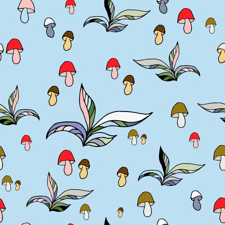 Seamless colorful mushroom and plant vector pattern.のイラスト素材