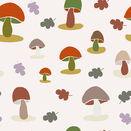 Seamless colorful mushroom and leaves vector pattern.のイラスト素材