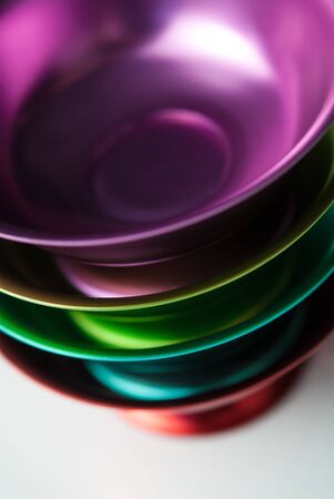 Colorful bowls stacked horizontallyの写真素材