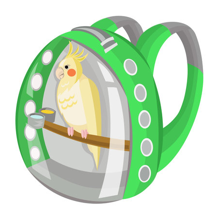 Yellow cockatiel parrot in green transparent carrier backpack - vector illustrationのイラスト素材