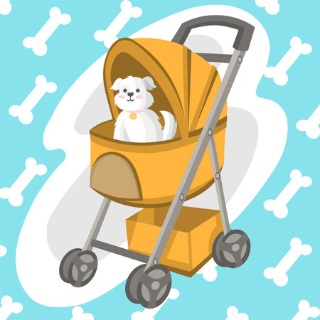 White fluffy little puppy of bichon frise with collar in yellow stroller for dogs with blue background with bones pattern - vector illustrationのイラスト素材