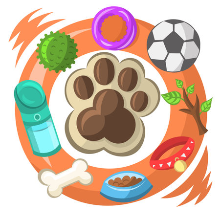 Dog paw print with various dog themed pet objects (football ball, drinking bottle, wooden stick, bone, collar, bowl and toys) inside orange circle - vector illustrationのイラスト素材